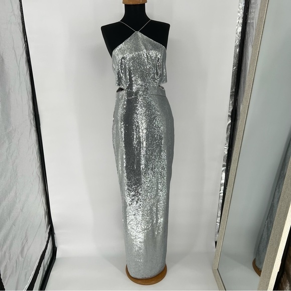 Aidan Mattox Halter Cut Out Maxi‎ Sequin Dress - Picture 3 of 16
